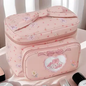 Pink floral travel cosmetic bag large capacity PU leather portable makeup storage organizer box