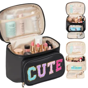 Large capacity cosmetic bag with cute letter patch, portable makeup storage organizer for travel.