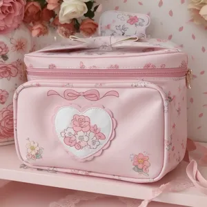 Large Capacity PU Leather Cosmetic Bag Floral Travel Makeup Pouch Portable Handbag With Bow And Heart Embroidery For Women