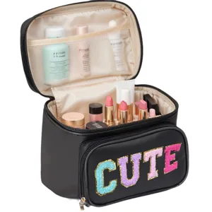 Black PU leather cosmetic bag with sparkly CUTE letters, multi-compartment portable makeup organizer.
