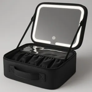 Large Capacity Travel Makeup Bag With LED Light Mirror Waterproof PU Leather Cosmetic Organizer Portable Storage Case For Women
