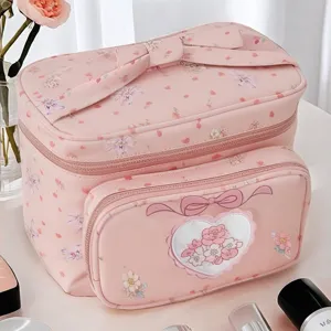 Pink floral travel cosmetic bag with bow large capacity PU leather portable makeup organizer