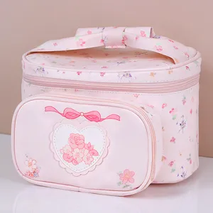 Pink floral large capacity makeup travel bag portable PU storage organizer cute cosmetic case