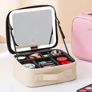 Beige makeup bag with LED lighted mirror, large capacity portable cosmetic storage box.