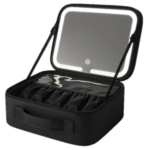 Portable LED makeup bag with lighted mirror, large capacity black cosmetic storage case.
