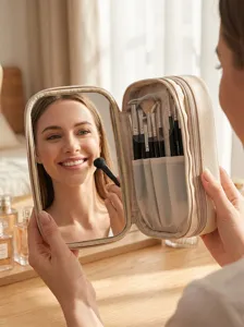 Trousse de maquillage de voyage portable avec miroir et pinceaux, organisateur beige chic.