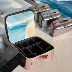 Large Capacity Travel Cosmetic Bag PU Leather Makeup Organizer With Large Mirror Portable Toiletry Storage Case For Women