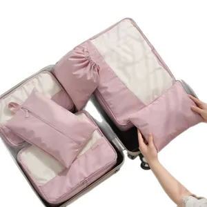 Pink 6-piece travel packing cubes set luggage organizers for clothes and shoes bag