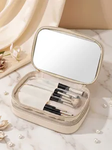 Trousse de maquillage portable avec miroir et pinceaux, organisateur beige voyage.