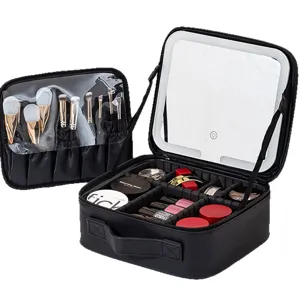 Portable PU leather makeup train case with lighted mirror and adjustable dividers