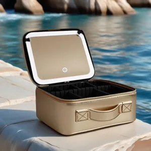 Portable makeup case with LED lighted mirror, multi-compartment travel cosmetic organizer bag.