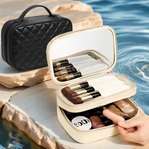 Trousse de Maquillage de Voyage Portable Grande Capacité Organisateur de Maquillage Double Couche Cuir PU Matelassé Trousse de Toilette Avec Miroir
