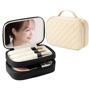 Trousse de maquillage de voyage portable avec miroir et pinceaux, organisateur étanche double couche.