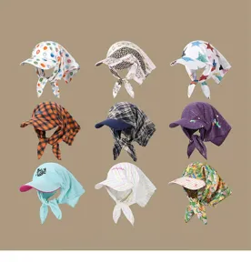 Korean style sun protection cap with neck scarf strap, breathable anti-uv outdoor hat for women.