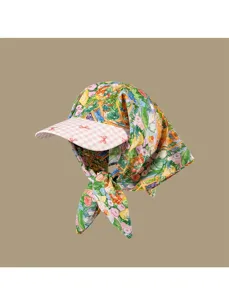 Korean style floral headscarf baseball cap with pink gingham brim and cute bow tie for women.