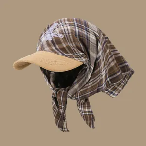 Korean style plaid baseball cap with attached headscarf sun protection sun hat for women.