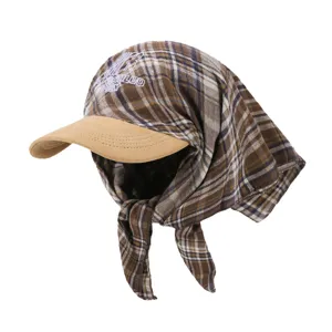Women Korean Style Plaid Headscarf Baseball Cap Outdoor Sun Protection Sunshade Hat