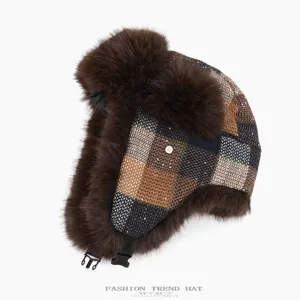 Vintage plaid knitted trapper hat with faux fur earflaps, warm winter bomber hat for adults.