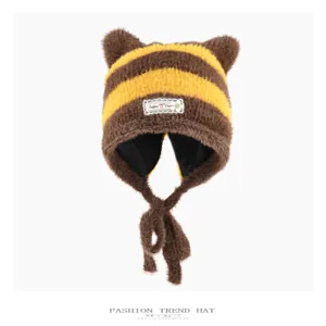 Cute plush bear ear knit hat with warm stripes and earflaps for women autumn winter
