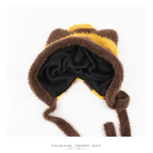 Striped color-block bear ear plush knit hat for women autumn winter warm cute beanie hat