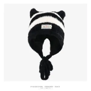 Cute striped plush bear ear knit hat, winter warm cozy pull-on beanie with earflaps for women.