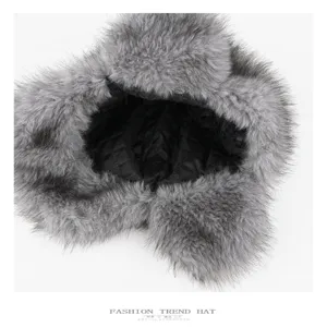 Detailed view of the winter warm faux fur ushanka hat showing soft plush and quilted lining.
