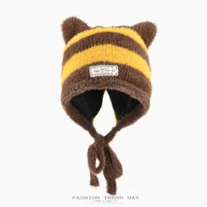 Women Winter Warm Knitted Beanie Hat Cute Bear Ears Striped Color Block Pullover Fleece Ear Flap Cap Daily