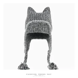 Korean cute cat ear knitted wool hat winter warm earflap braided tassel ski ushanka hat