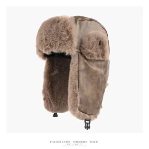 Cappello bomber invernale in pelle peluche, caldo berretto con paraorecchie per sci all'aperto.