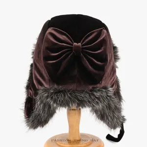 Damen Winter Kunstfell Ushanka Mütze Süße Schleife Warme Trapper Bomber Hut Braun Ohrklappe