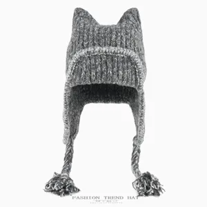 Korean cute cat ear knitted winter warm earflap hat for women thick ski aviator ushanka