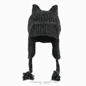 Dark grey winter knitted cat ear hat with braided ear flaps warm cozy trapper ski cap