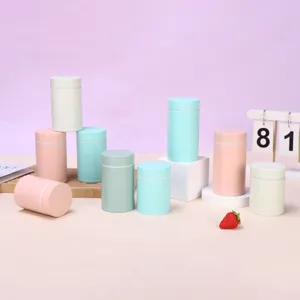 Compact solid color pocket thermos cup, portable stainless steel vacuum flask in pastel colors.