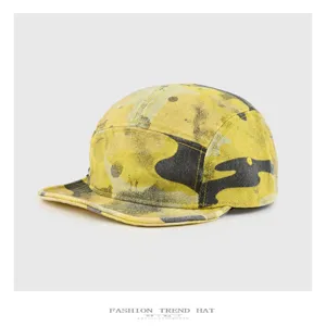 Vintage κίτρινο-μαύρο camo καπέλο baseball, streetwear hip hop καπέλο με μαλακό γείσο.