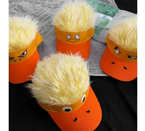 Cappello da sole con papera buffa di cartone e parrucca gialla soffice, berretto divertente.