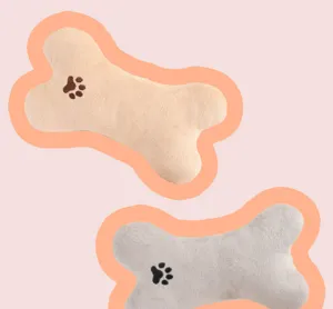 Detailed view of cute plush bone pet toys with paw print embroidery, perfect for dogs and cats.