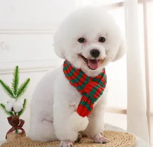 Cute Christmas pet knitted scarf with pom pom, warm winter pet accessories for dogs cats.