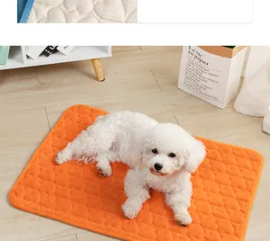 Orange flannel pet dog cat mat with cute heart quilted pattern warm sleeping bed for winter.