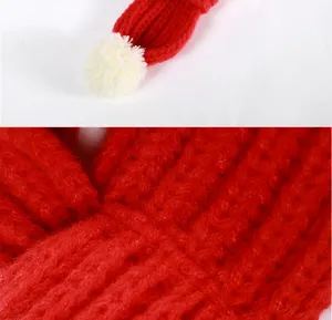 Close-up detail view of cute red pet knitted winter scarf with a white pom-pom for dogs and cats.