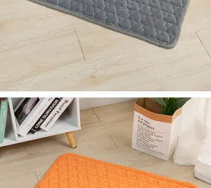 Detailed scene view of soft flannel pet sleeping mat with heart embossed design on wood floor.
