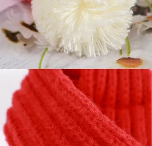 Detailed close-up of cozy red knit pet scarf texture and fluffy white pom-pom decoration.