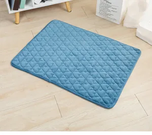 Blue flannel pet mat with cute heart embossed pattern, soft warm dog cat sleeping bed pad.