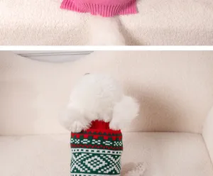 Détail du pull pour animaux, vêtements tricotés chauds d'hiver avec motif géométrique.