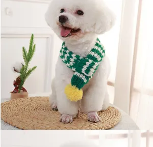 Cute pet knitted scarf for dogs cats winter warm green white striped neckwear accessory