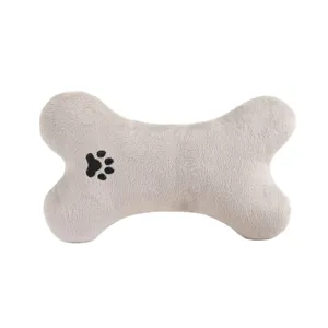 Cute grey bone shaped pet plush toy with paw embroidery, soft chew toy for dogs and cats.
