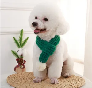 Cute pet knitted winter scarf detail, green wool with pom-pom for small dogs and cats warm.