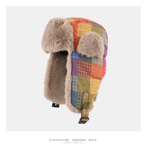 Retro color-blocked plaid plush trapper hat designed for ultimate winter warmth and ear protection