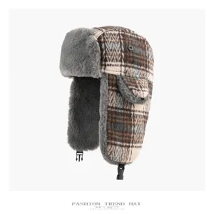 Retro plaid fleece ushanka hat winter warm windproof ear protection bomber hat for men women