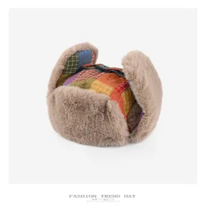 Winter retro colorful plaid faux fur ushanka hat warm thick earflap winter hat for adults
