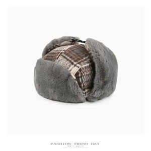 Vintage plaid plush trapper hat, thick warm winter earflap cap for men and women outdoor.